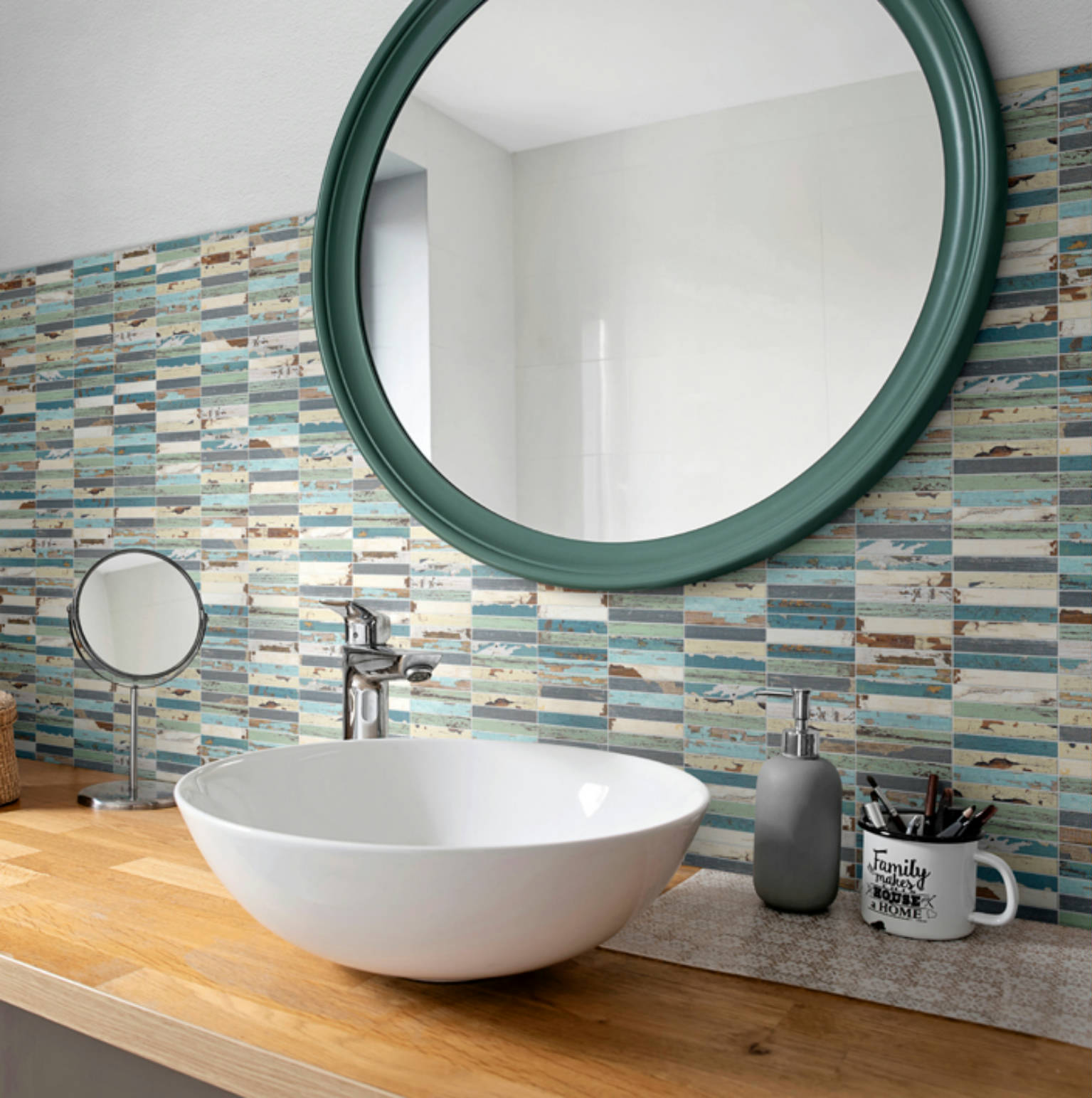 0.7x4 Wood Rectangles Mix Beige/Blue Ceramic Mosaic | Gramercy Kitchen and Bath