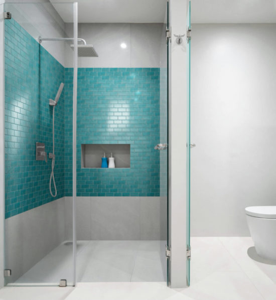 2"X4" Linear Aqua Glass Brick Pattern Mosaic | Gramercy Kitchen and Bath