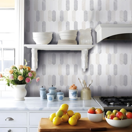 2"x6" Picket White Grey Beige Marble Mix | Gramercy Kitchen and Bath