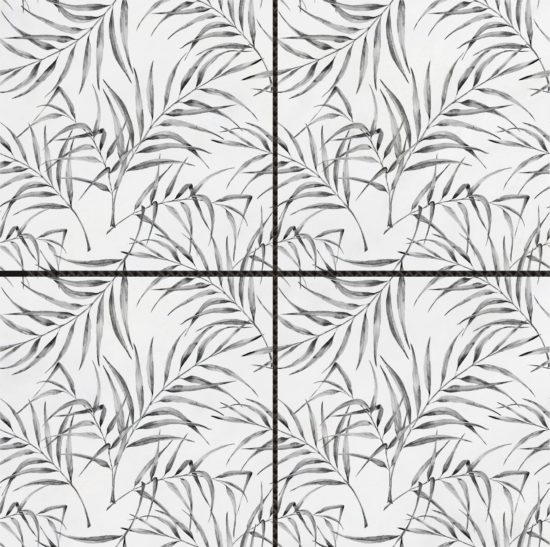 6″x6″ Grey Palm Leaf Printed White Marble