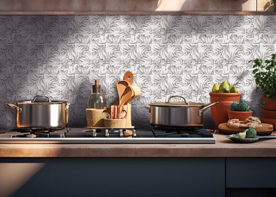 6"x6" Grey Palm Leaf Printed White Marble | Gramercy Kitchen and Bath