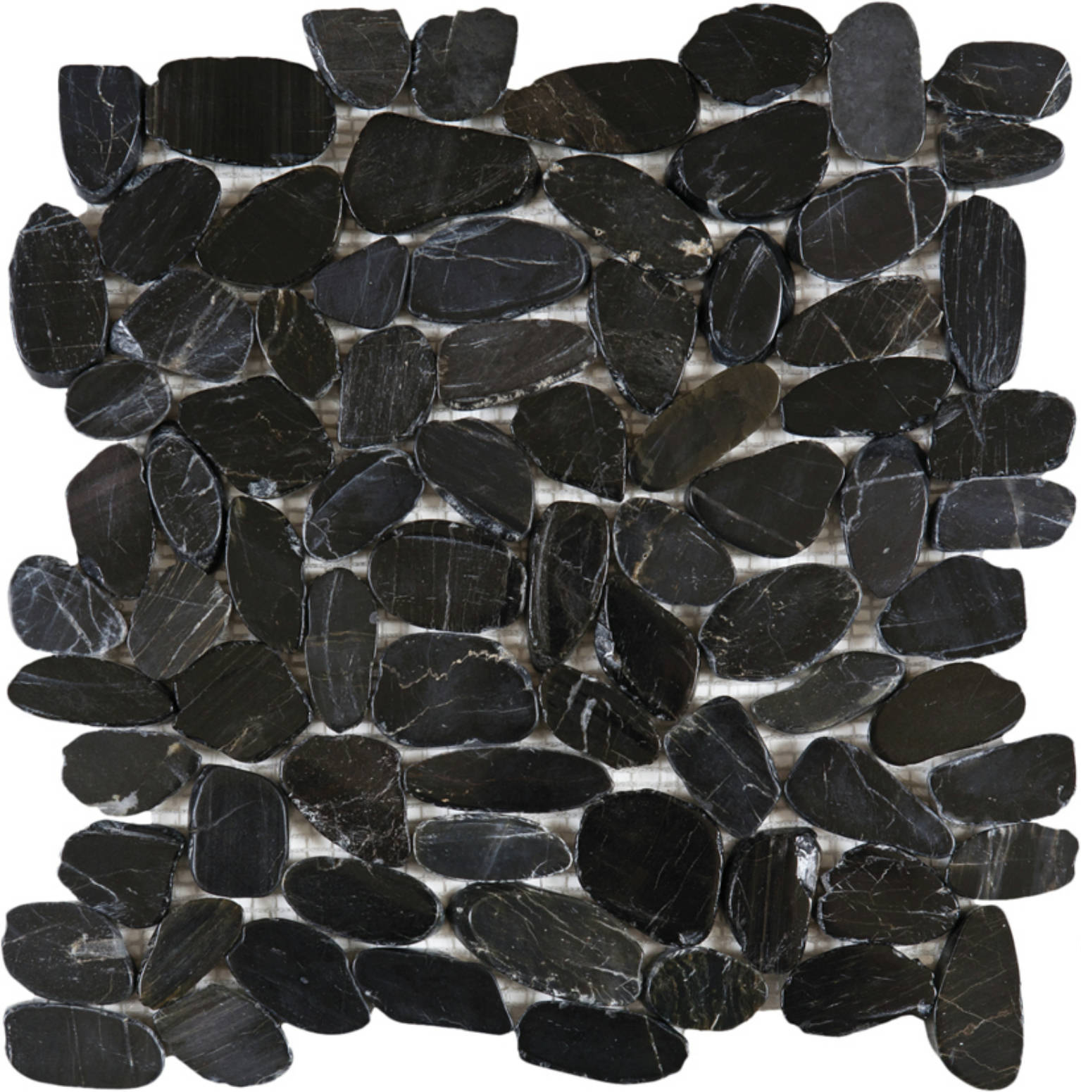 Black Sliced Polished Pebble Interlocking Mosaic | Gramercy Kitchen and Bath