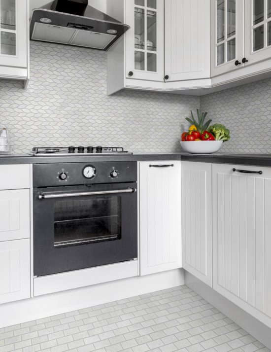 Elongated Hexagon White Grey "Leaves" Mosaic | Gramercy Kitchen and Bath