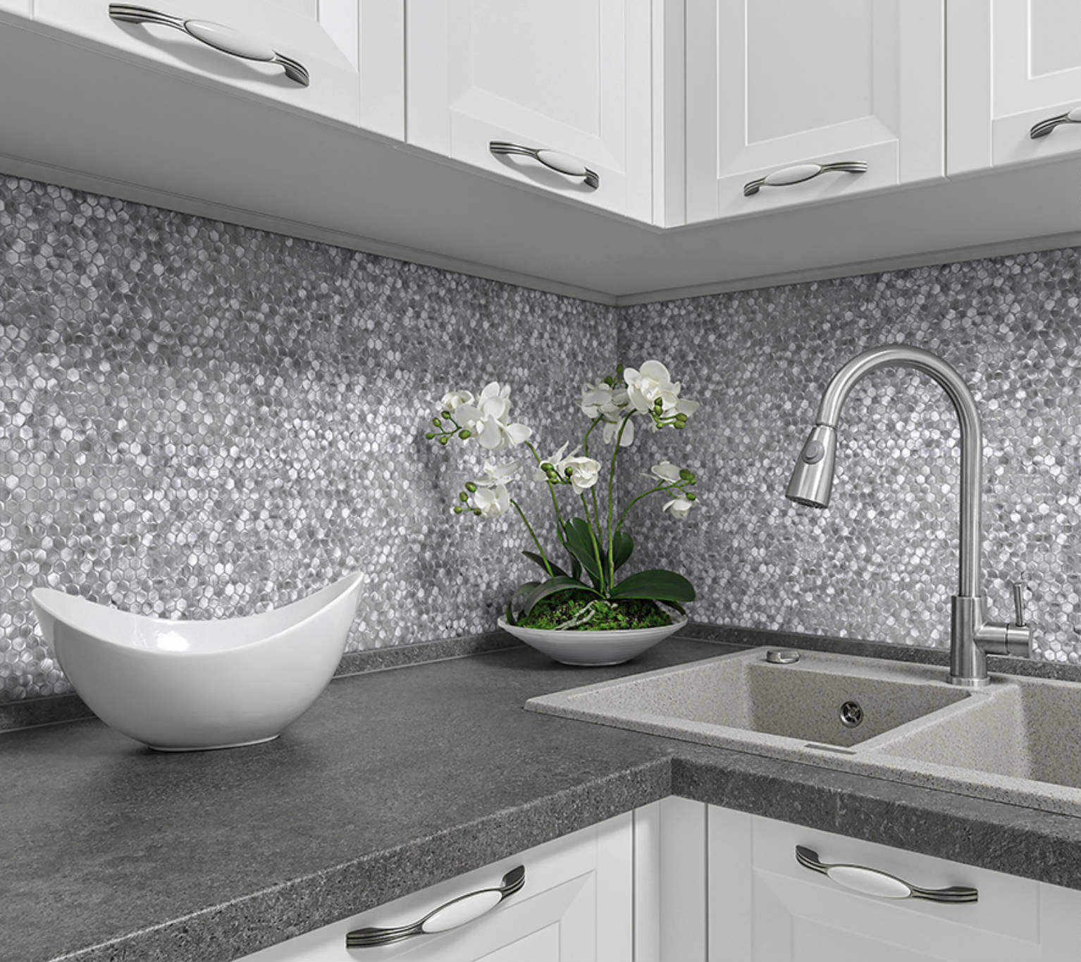 Medium Hexagon Silver Aluminum Mosaic  | Gramercy Kitchen and Bath