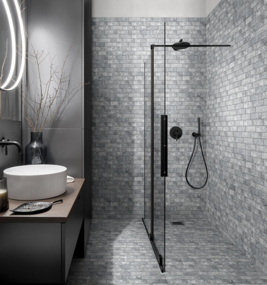 Slate Stone Grey Glazed Ceramic 2"x6" Brick Mosaic | Gramercy Kitchen and Bath