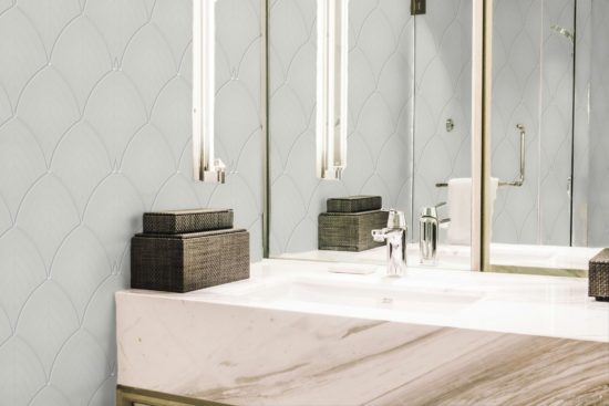 Warm Grey Glossy Scallop Mosaic | Gramercy Kitchen and Bath